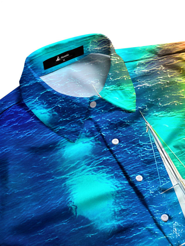 Men's tropical print short sleeve shirt side view