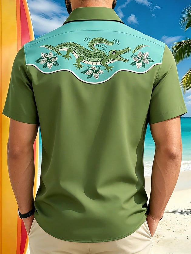 Men's abstract print Hawaiian short sleeve shirt back view