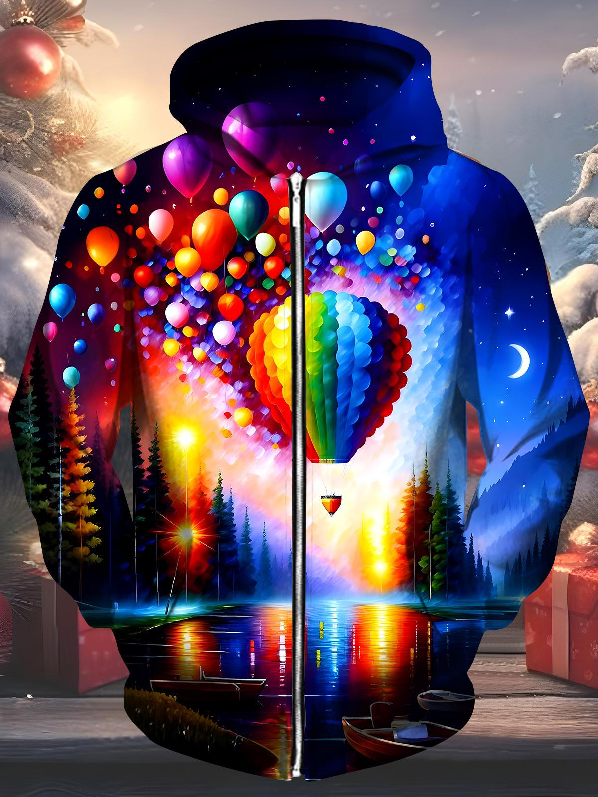 Hot Air Balloon Men's Pocket Long Sleeve Zip Up Hoodies
