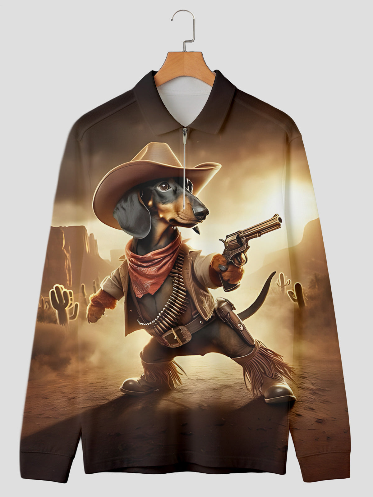 Western Cowboy Dachshund Print Men's Long Sleeve Zipper Polo