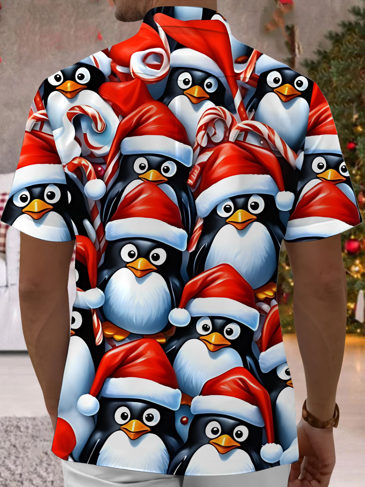 Christmas Penguin Print Men's Pocket Short Sleeve Shirts