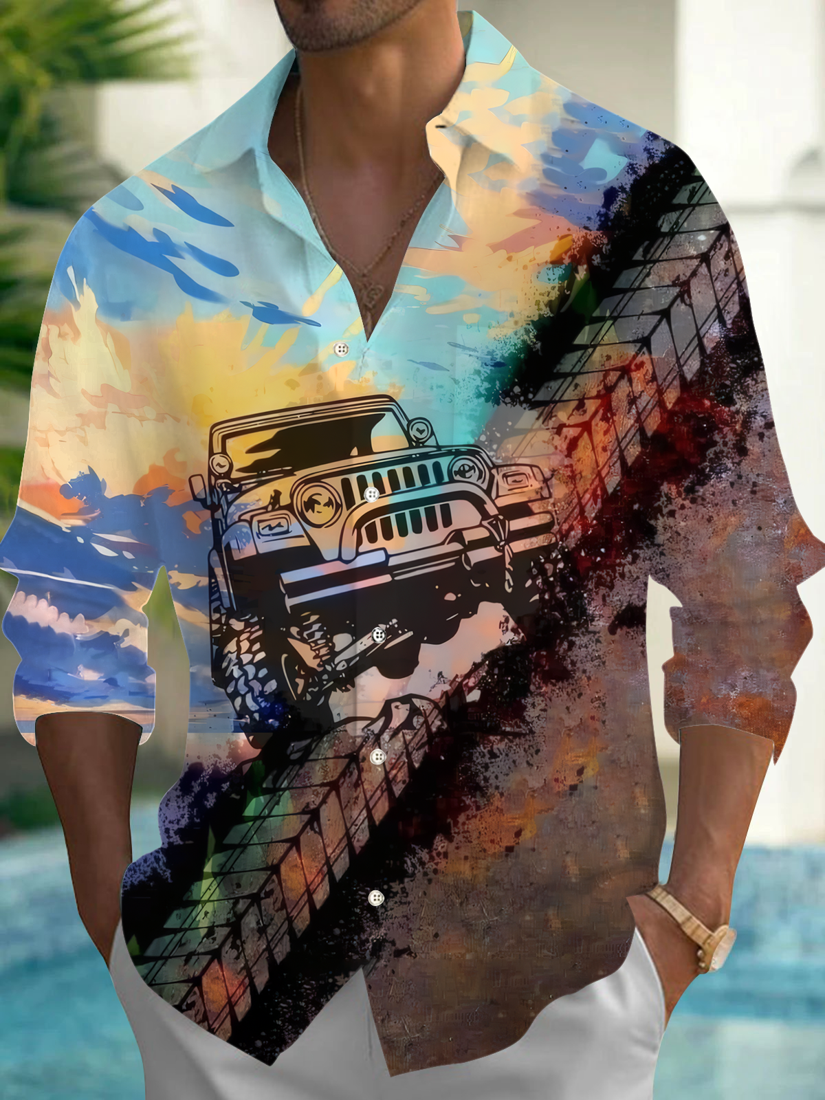 Car Print Men's Pocket Long Sleeve Shirts