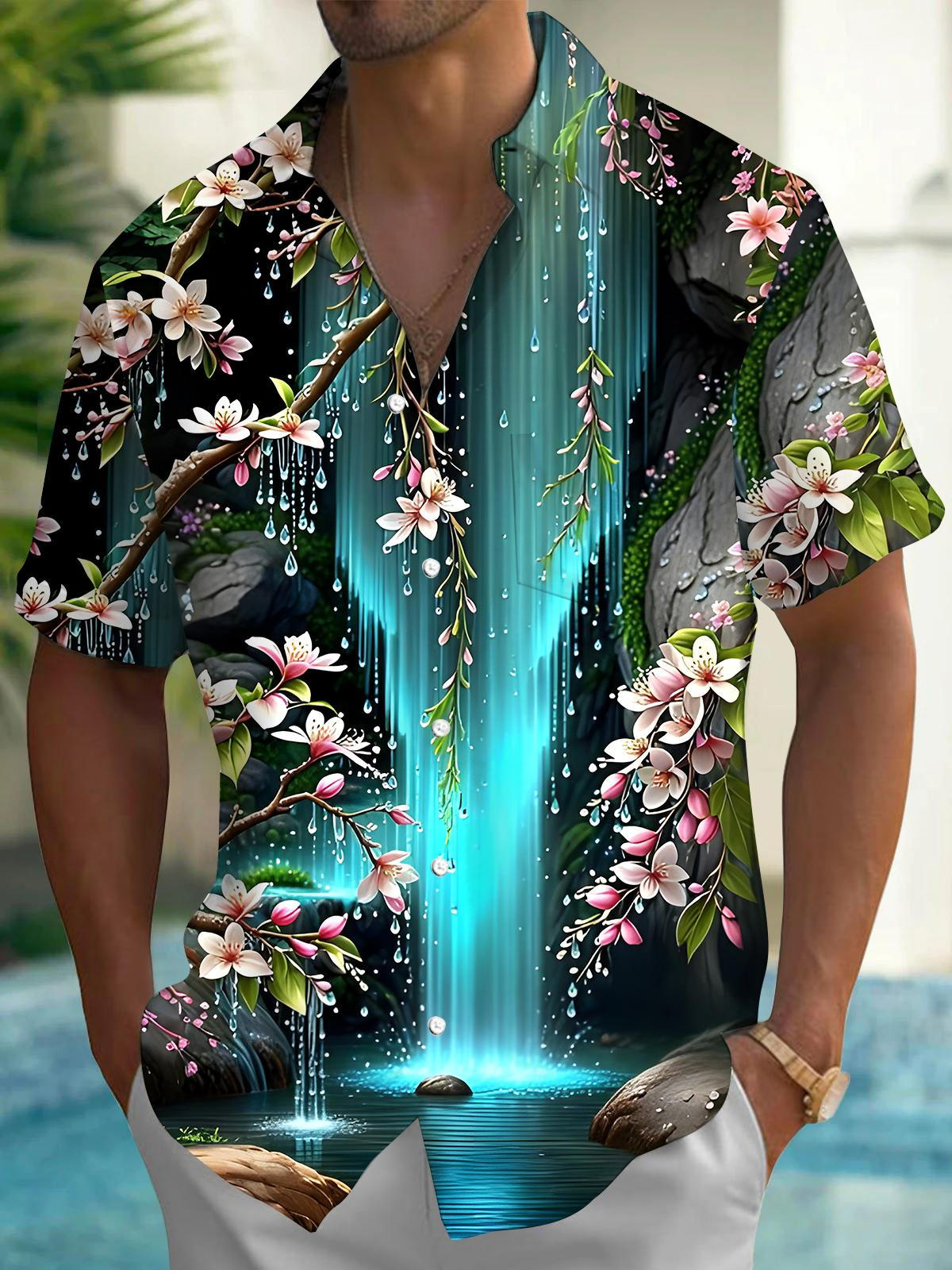 Waterfall Floral Men's Pocket Short Sleeve Shirts