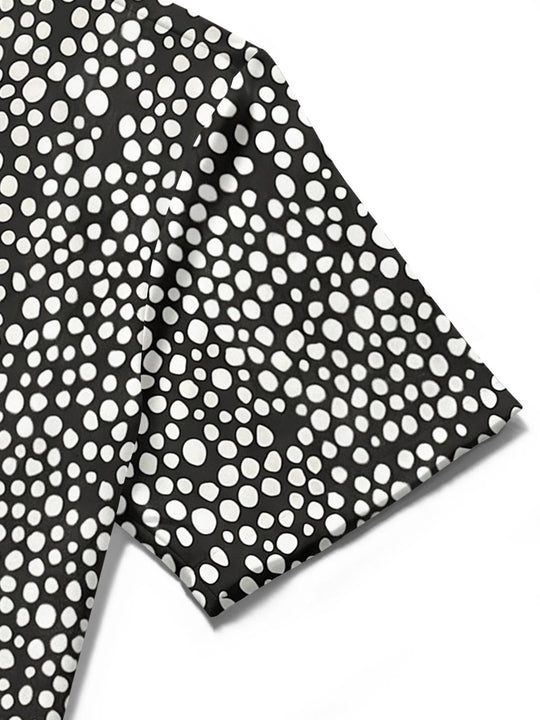 men's black and white polka dot textured short sleeve shirt fabric detail