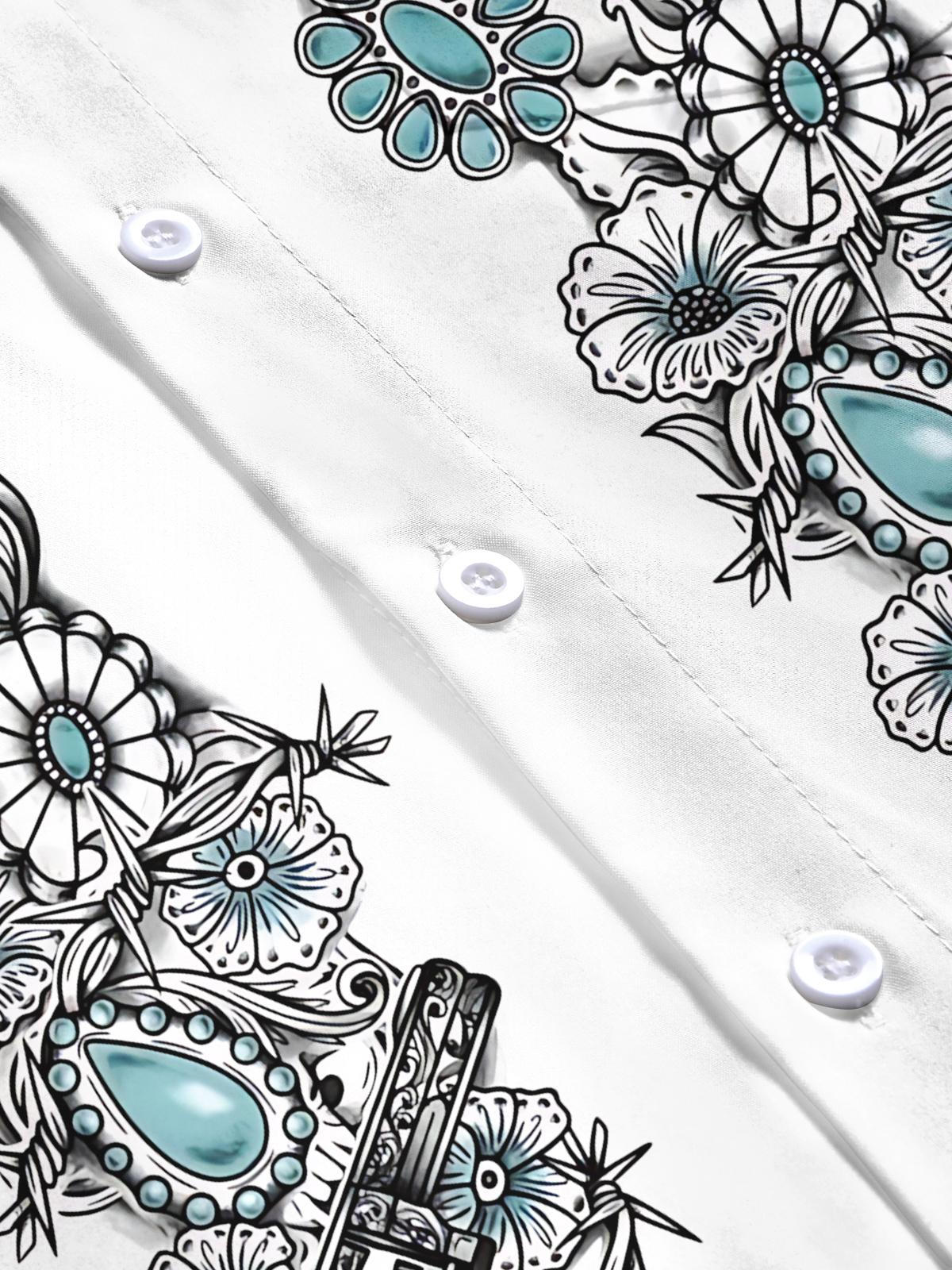 Western Cowboy Flower Playing Card Turquoise Print Men's Pocket Short Sleeve Shirts