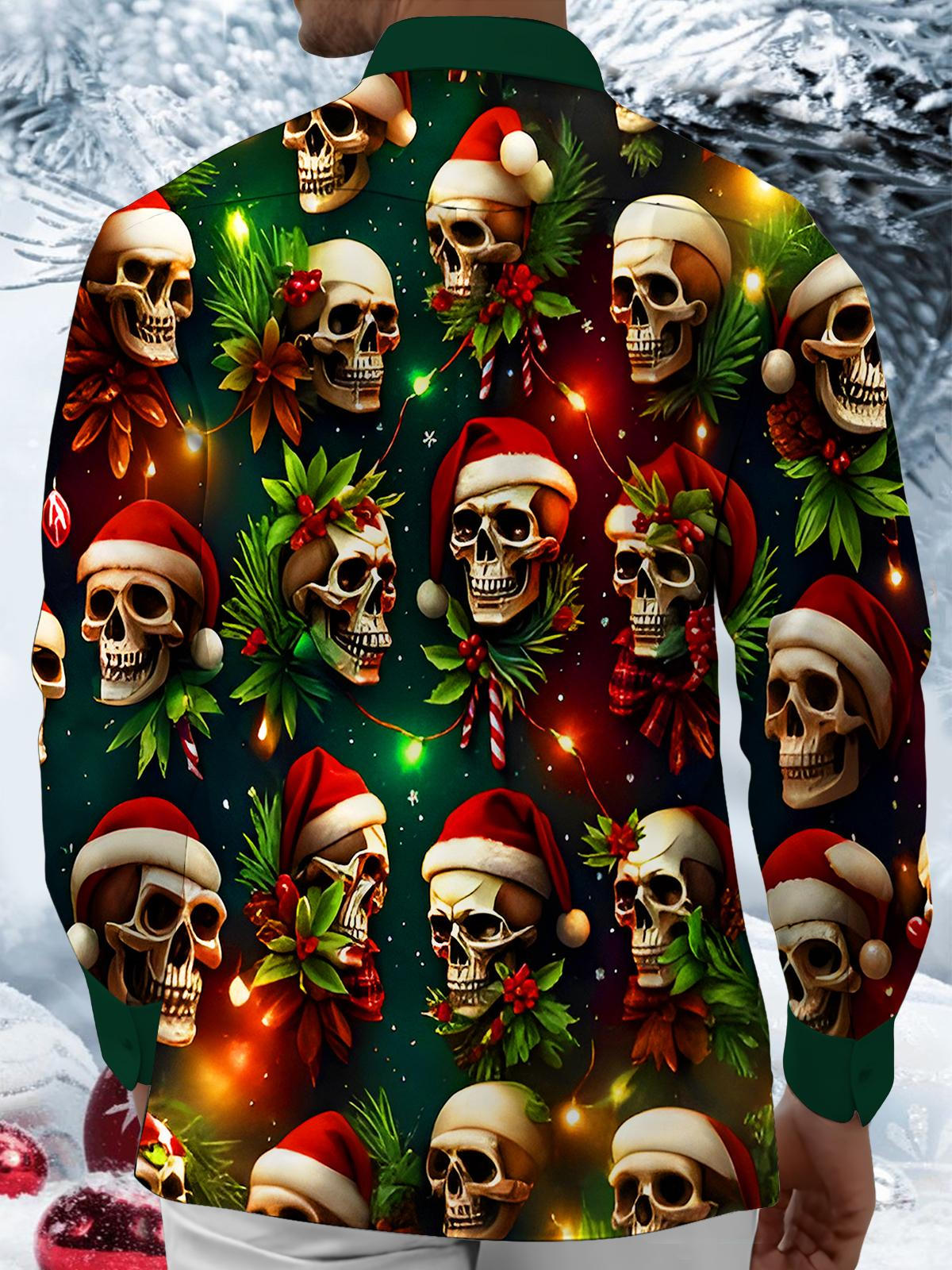 Funny Christmas Hat Skull Lights Xmas Men's Pocket Long Sleeve Shirts