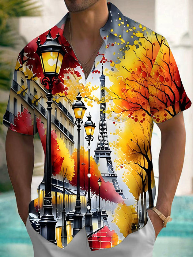 men's short sleeve shirt with Eiffel Tower street view print front view
