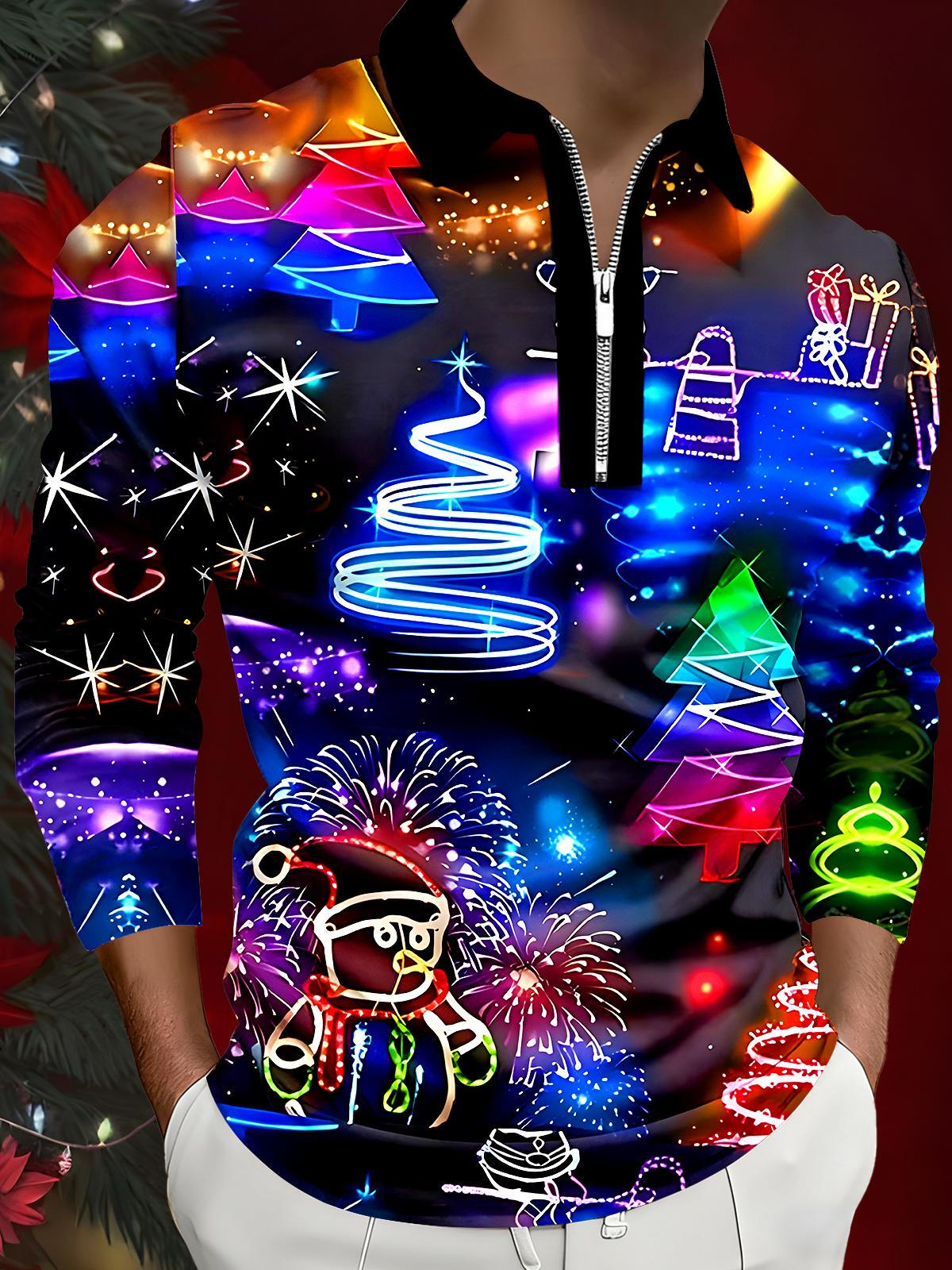 Christmas Deer Snowman Fireworks Men's Long Sleeve Zipper Polo