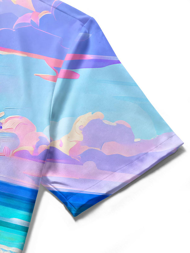 Art Seaside Sunset Peony And Butterfly Women's Short Sleeve Shirts
