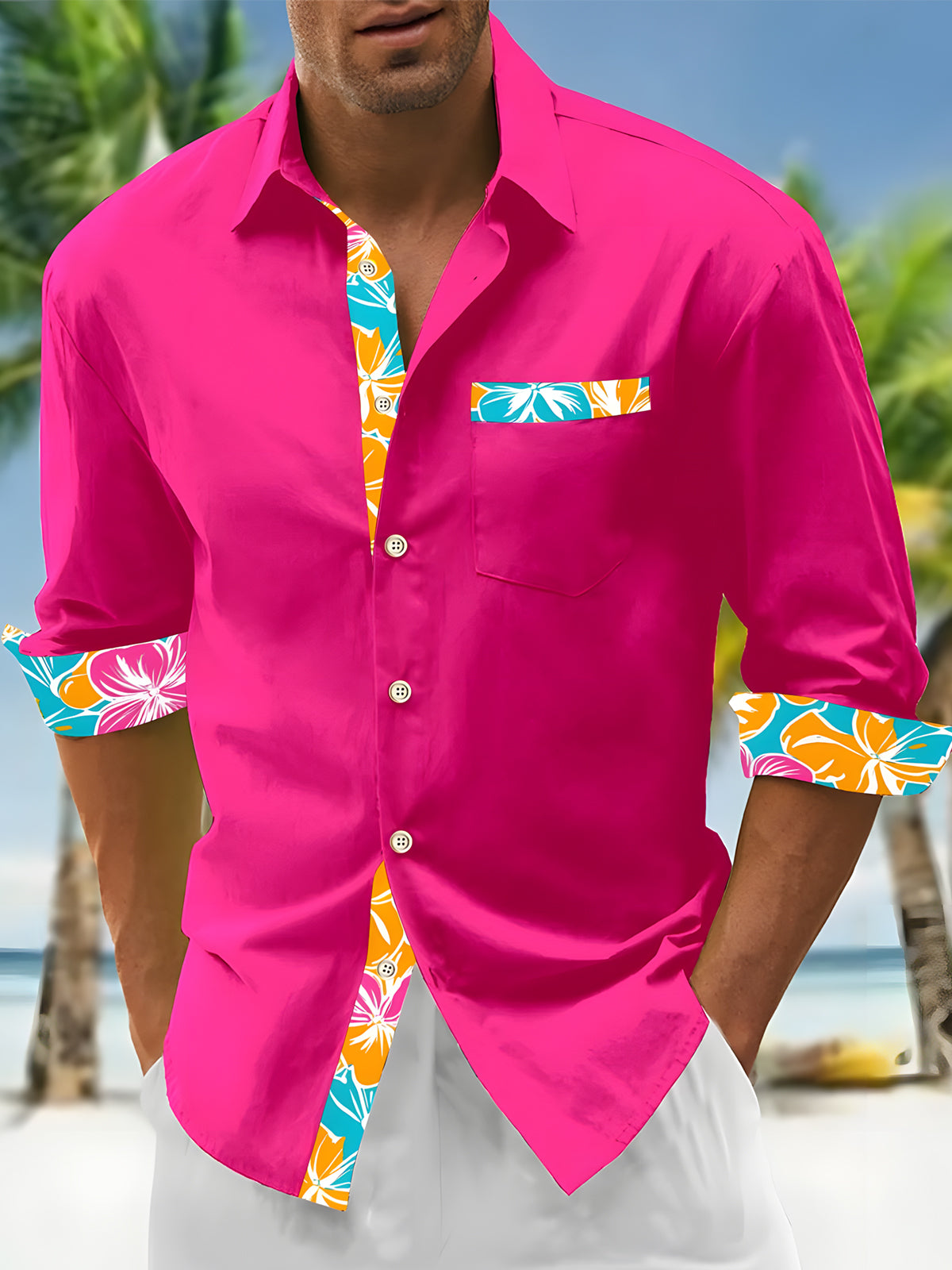 Hawaiian Floral Print Men's Pocket Long Sleeve Shirts