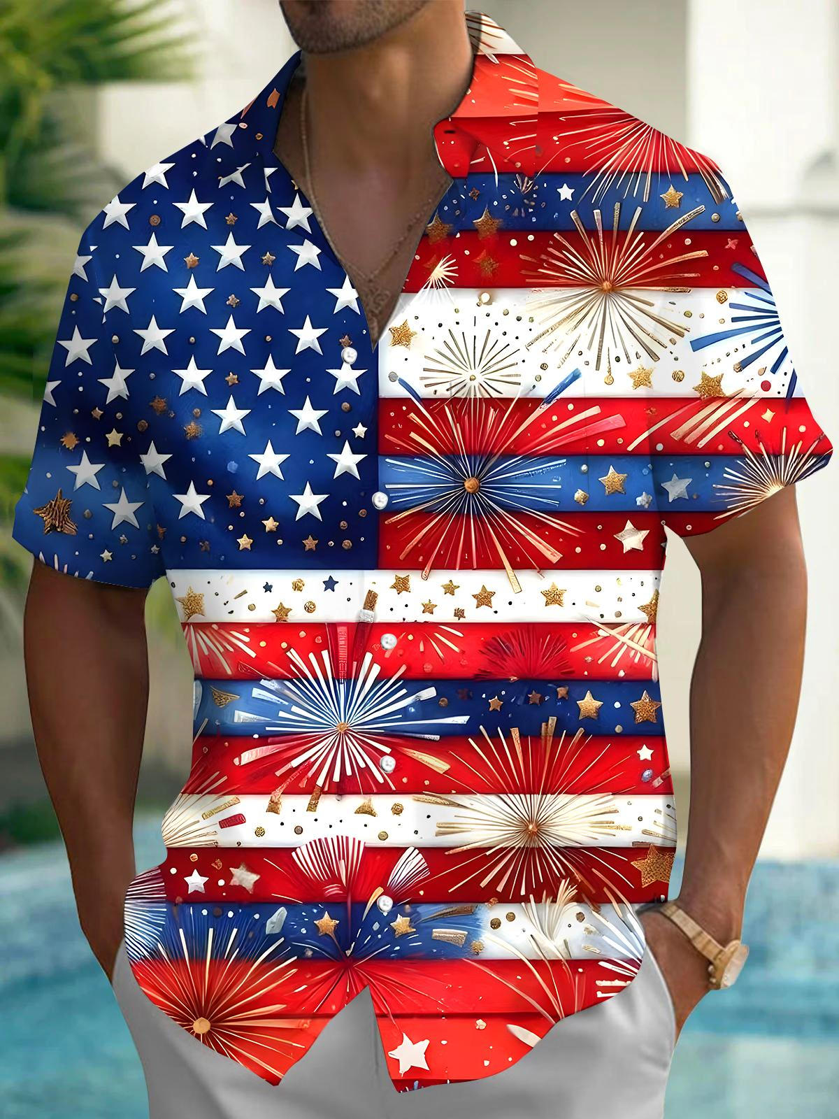 American Flag Fireworks Men's Pocket Short Sleeve Shirts