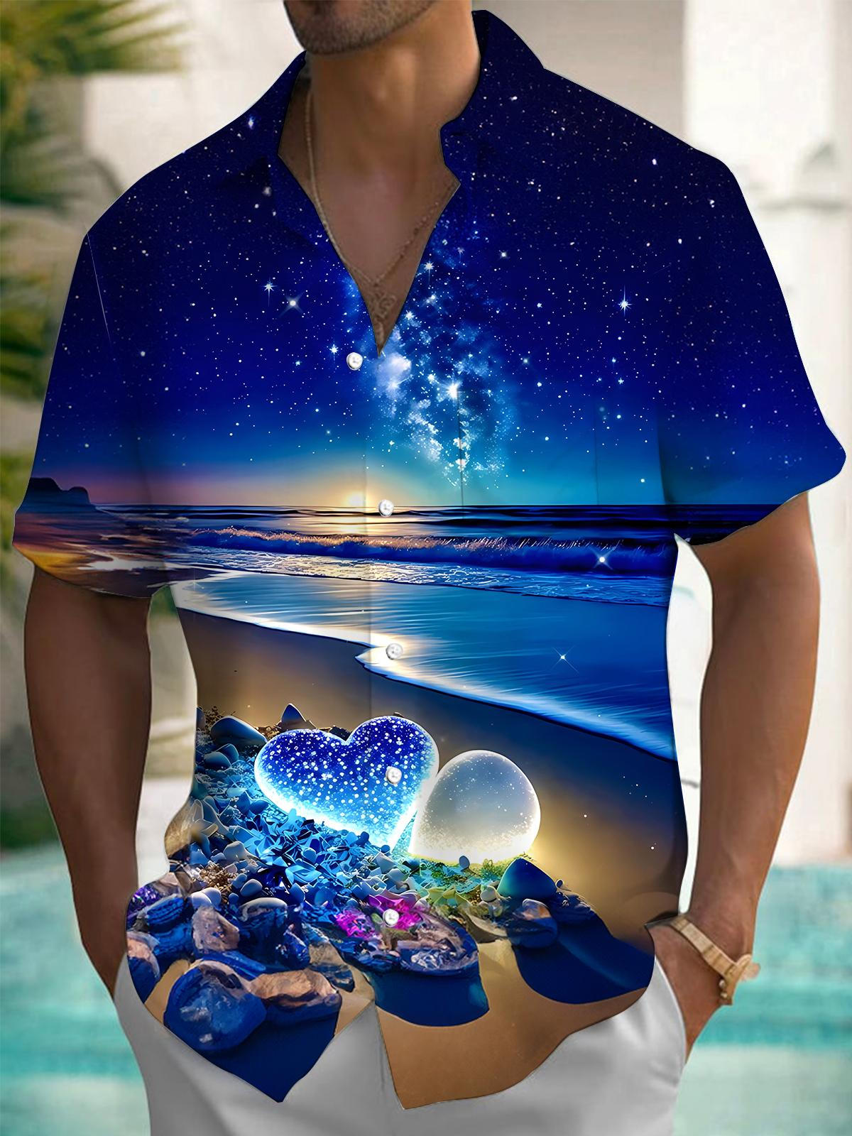 Beach Landscape Print Men's Pocket Short Sleeve Shirts