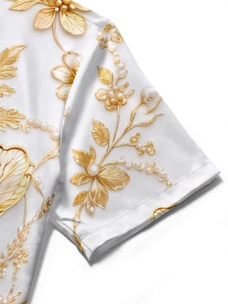Women's Art Golden Pearl Flower Short Sleeve Shirt Close-Up Detail