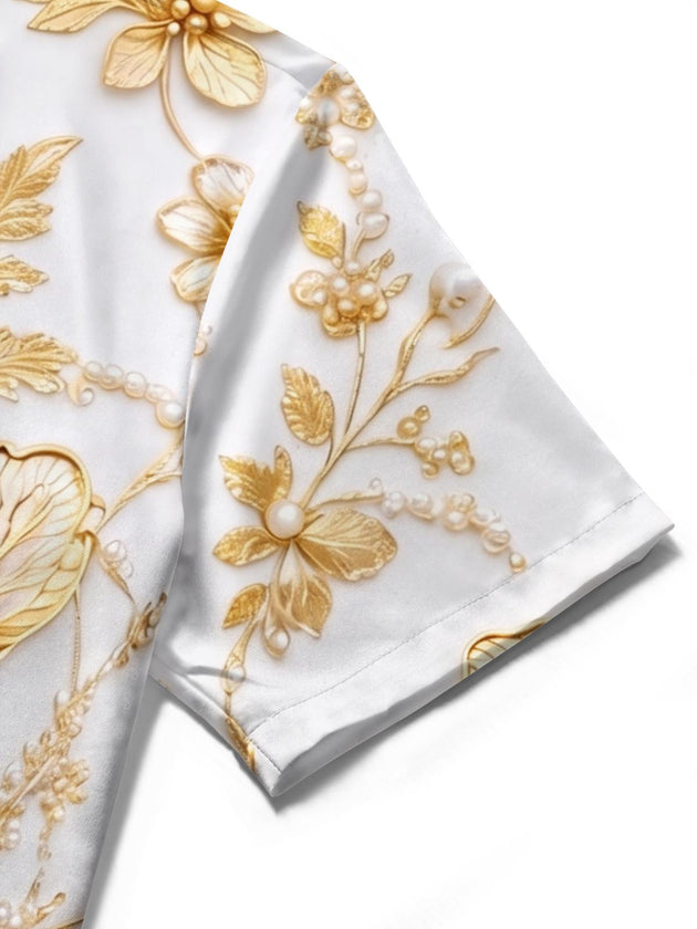 Women's Art Golden Pearl Flower Short Sleeve Shirt Close-Up Detail