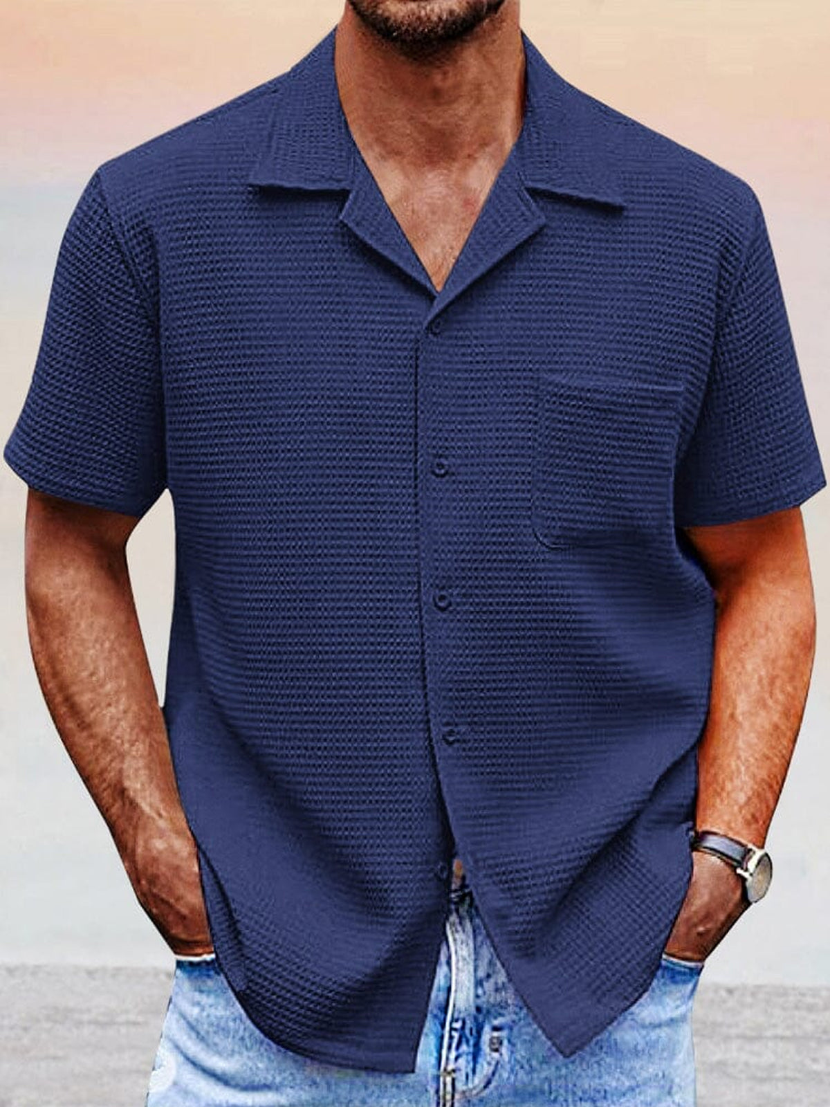 Blue Men's Cuban Collar Short Sleeve Shirt With Pocket