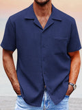 Blue Men's Cuban Collar Short Sleeve Shirt With Pocket