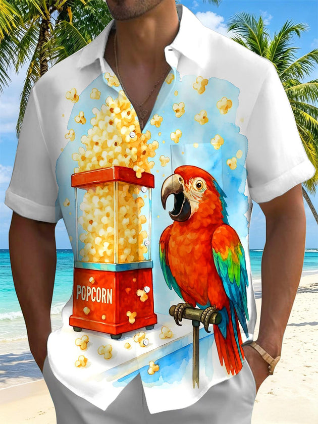 Fun Hawaiian Watercolor Popcorn Machine Parrot Men's Pocket Short Sleeve Shirts