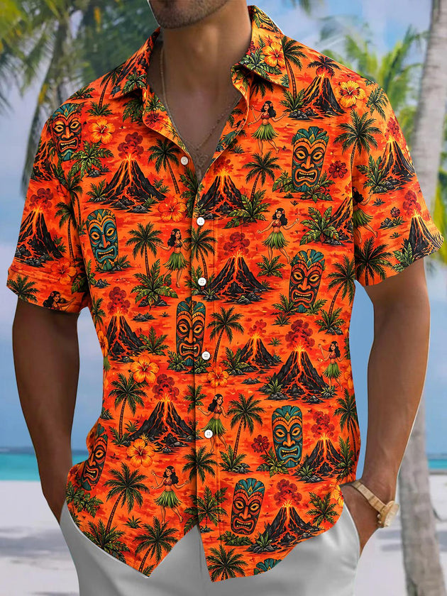 Hawaiian Coconut Tree Volcano Tiki Men's Pocket Short Sleeve Shirts