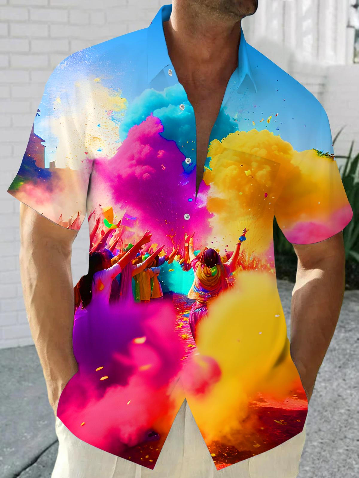 Fun Colorful Run Festival Men's Pocket Short Sleeve Shirts