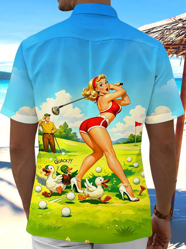 Retro Golf Girl Funny Men's Pocket Short Sleeve Shirts