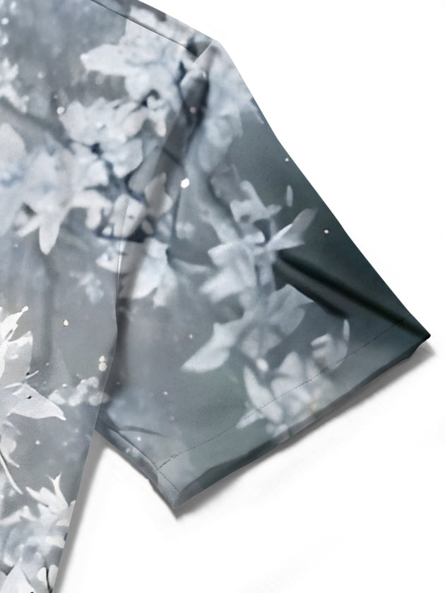 Men's floral pocket short sleeve shirt side view in garden