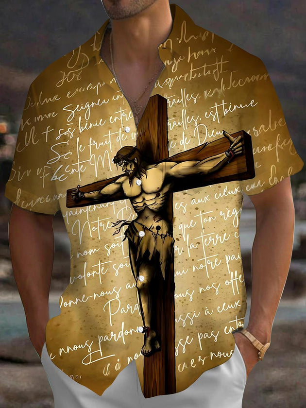 Retro Jesus Cross Men's Pocket Short Sleeve Shirts