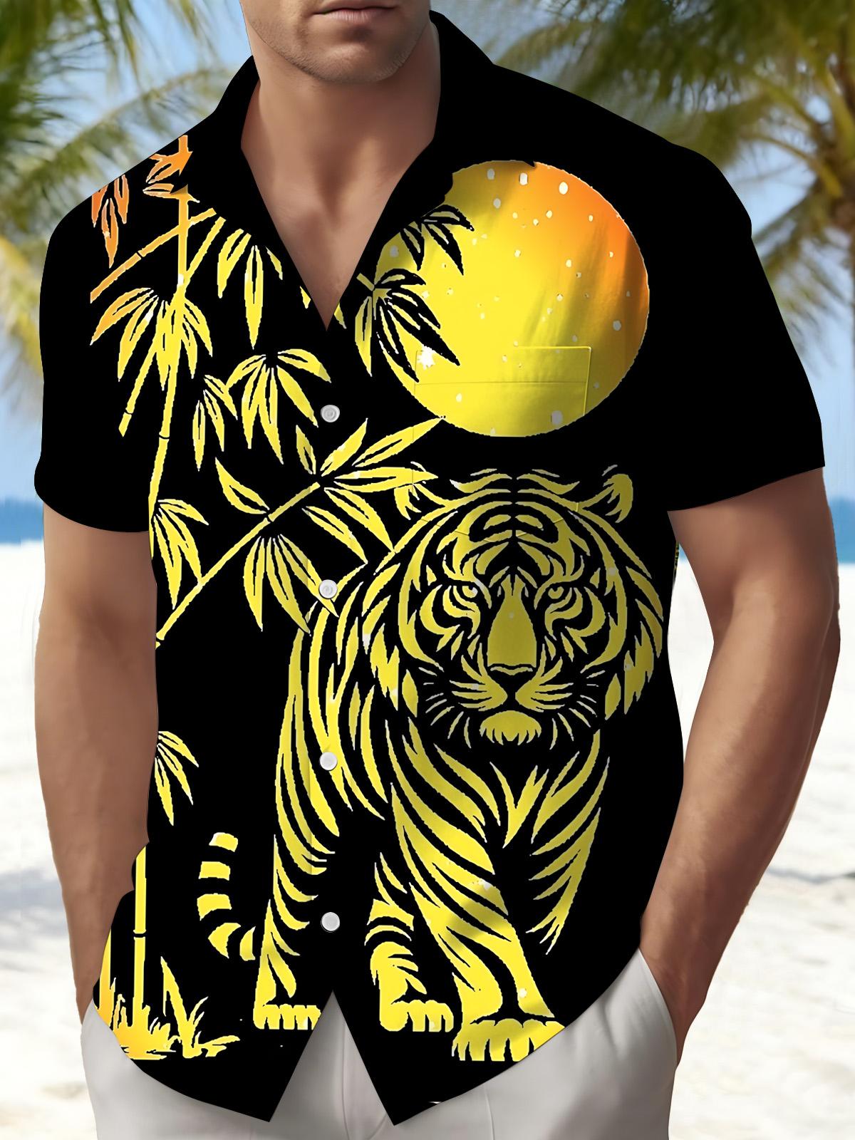 Bamboo Tiger Print Men's Pocket Short Sleeve Shirts