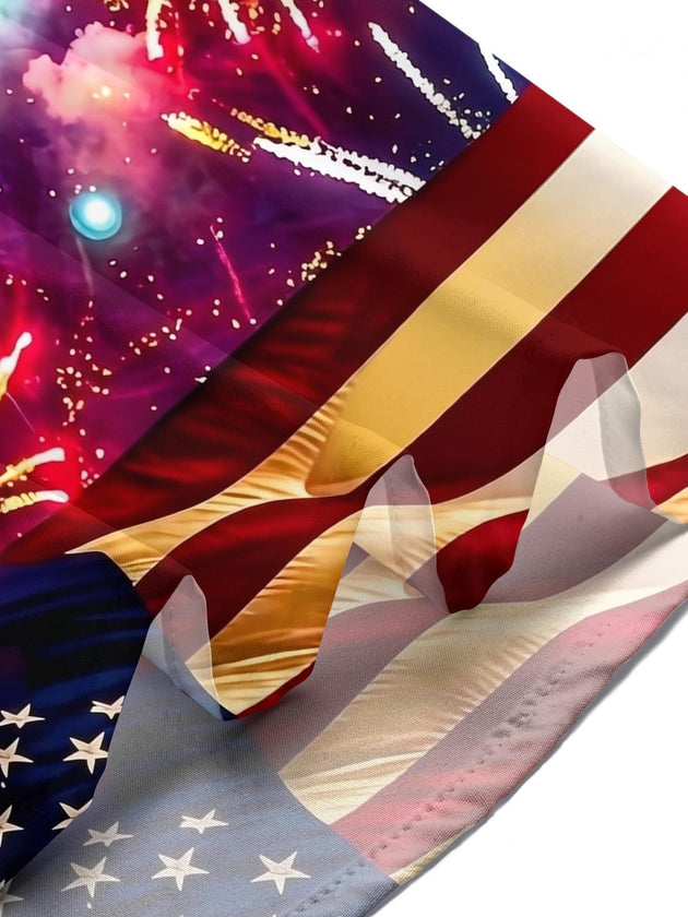 America Independence Day Colorful Fireworks Flag Men's Pocket Short Sleeve Shirts