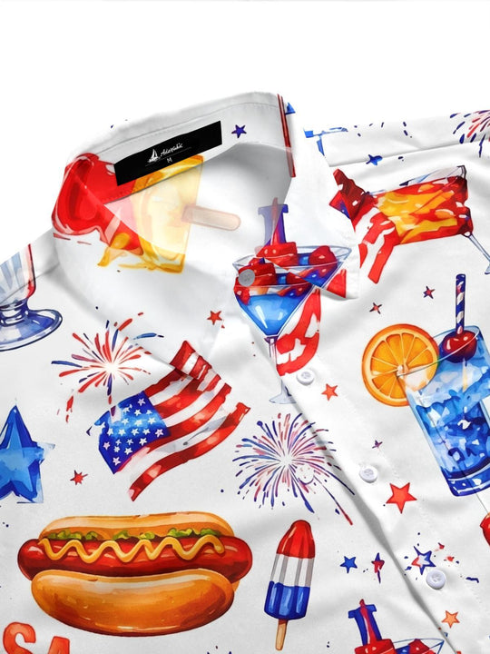 American Independence Day Hot Dog Burger Cocktail Festival Men's Pocket Short Sleeve Shirts