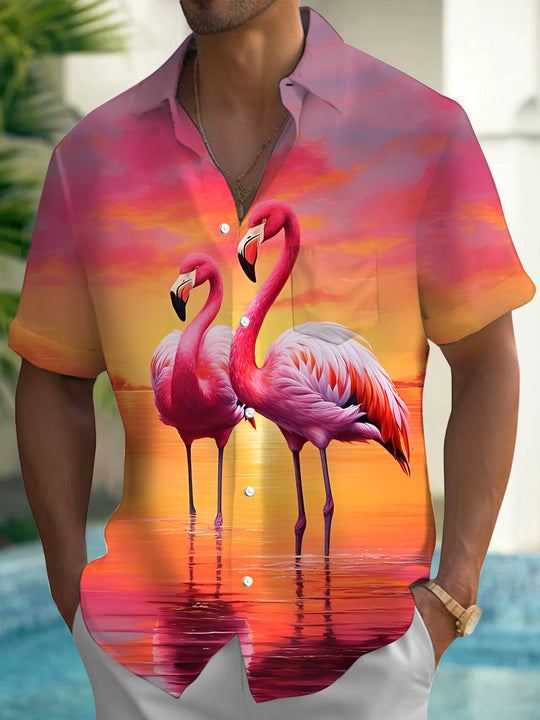 Men's blue flamingo patterned short sleeve shirt front view tropical beach vacation