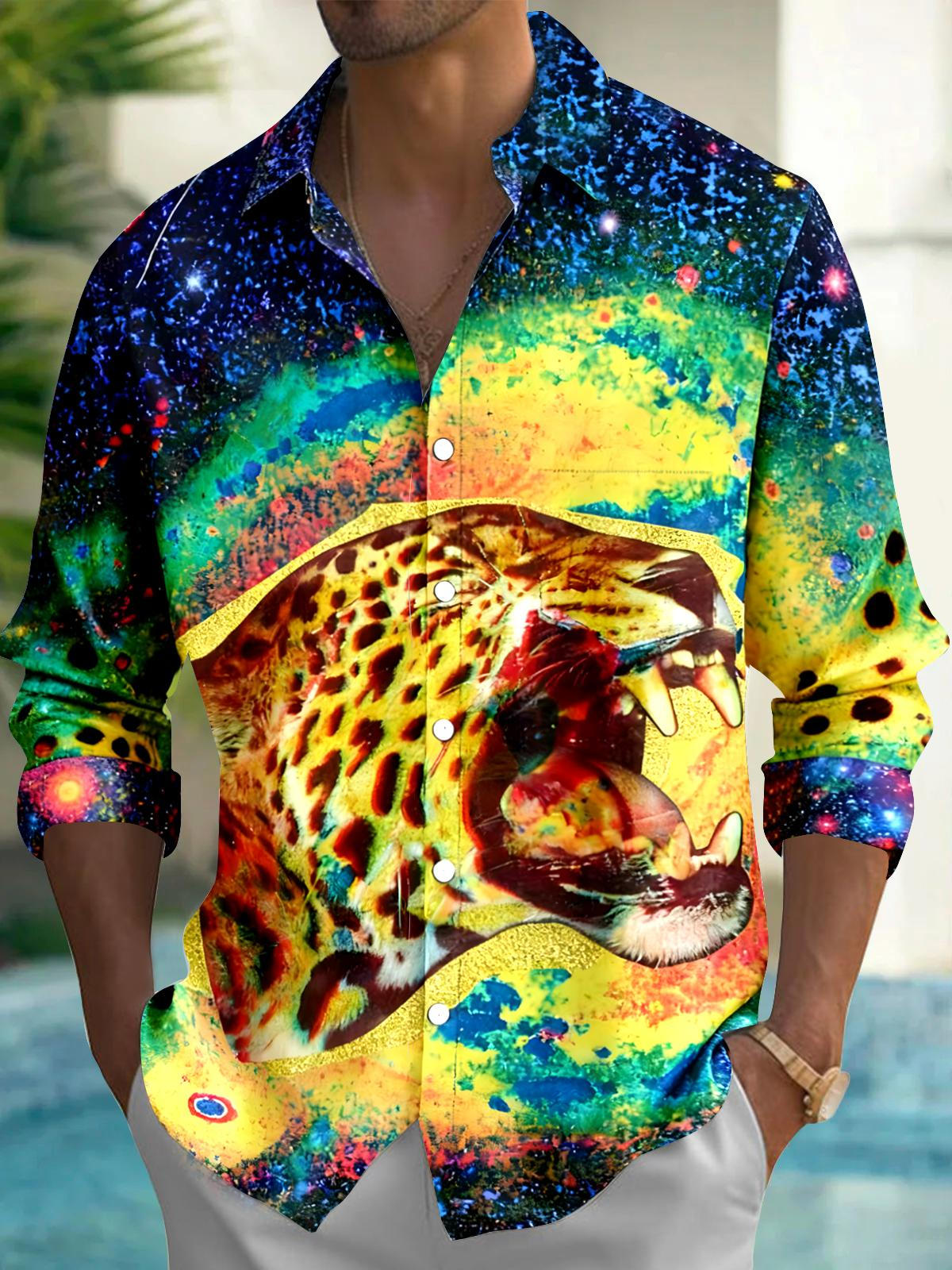 Tie Dye Cheetah Men's Pocket Long Sleeve Shirts