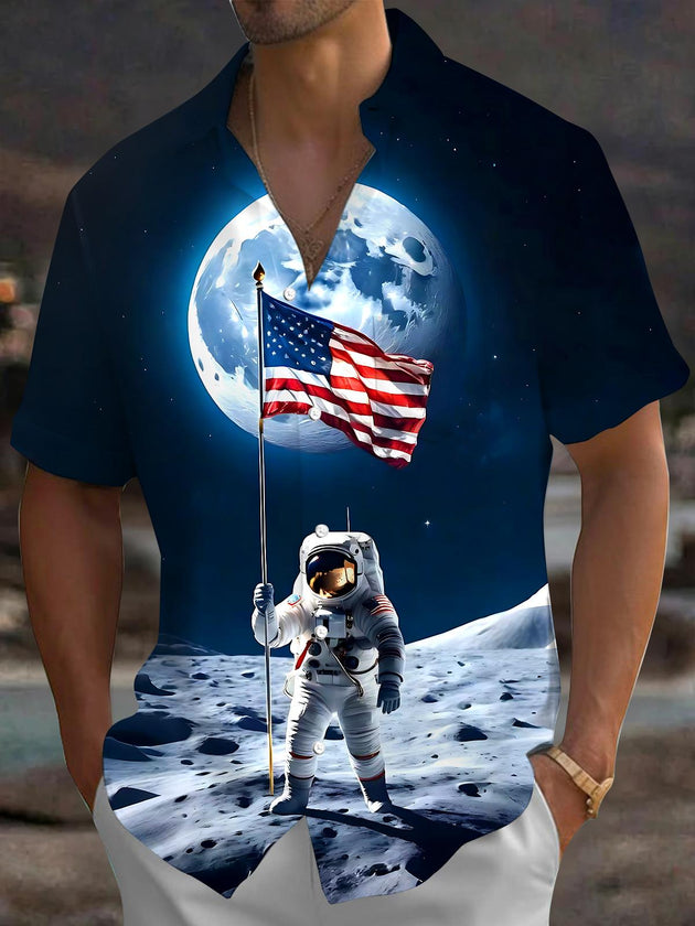 Land On The Moon Men's Pocket Short Sleeve Shirts