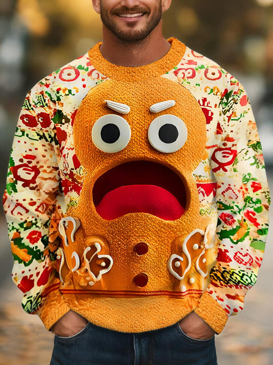 Men's gingerbread man print long sleeve shirt front view for Christmas holiday party