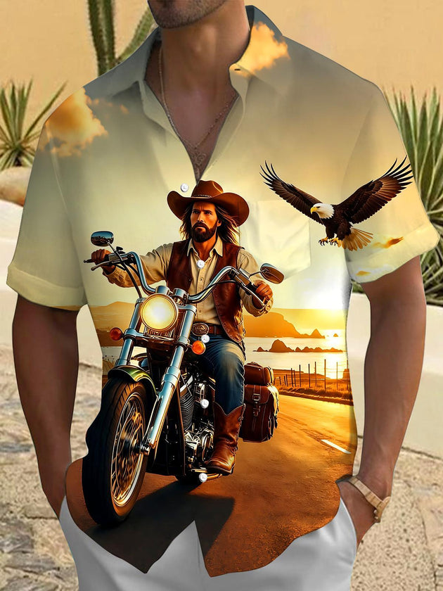Western Motorcycle Jesus Religious Bald Eagle Men's Pocket Short Sleeve Shirts