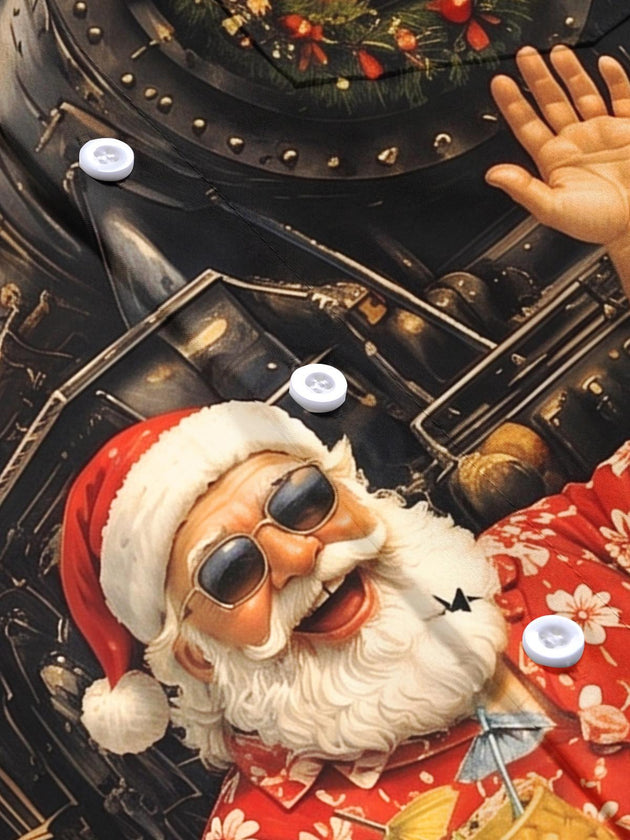 Retro Summer Christmas Santa Claus Train Men's Pocket Short Sleeve Shirts