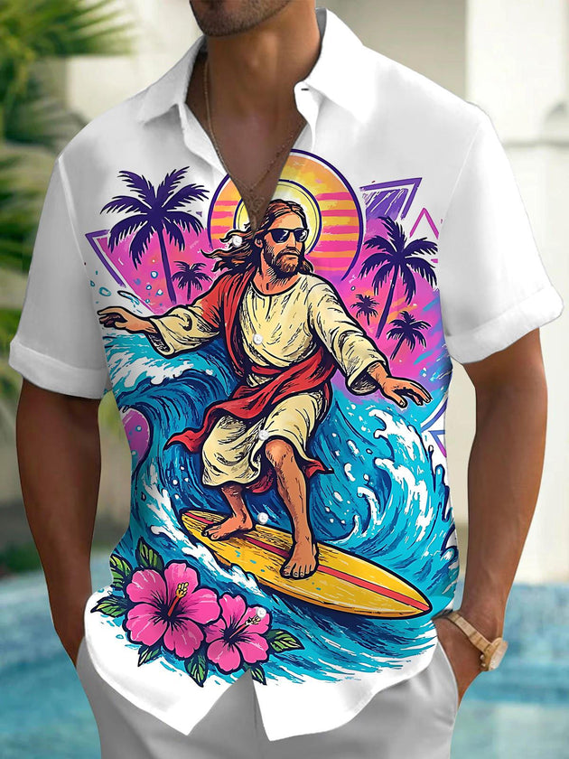 Men's Hawaiian Jesus Surfing Print Short Sleeve Shirt Front View for Tropical Beach Vacation