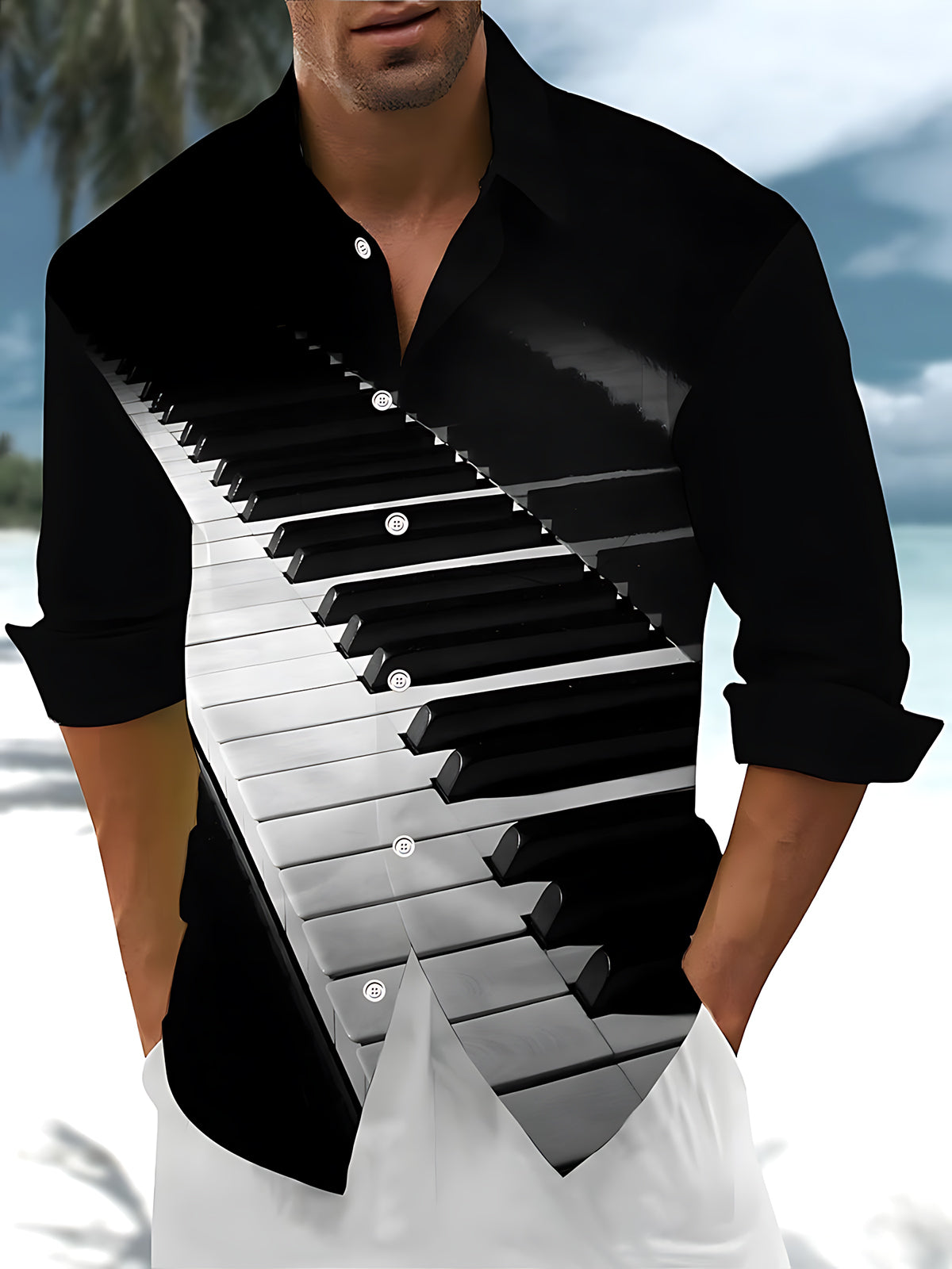 Piano Print Men's Pocket Long Sleeve Shirts