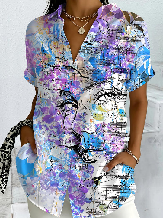 Art Face Floral Musical Note Women's Short Sleeve Shirts