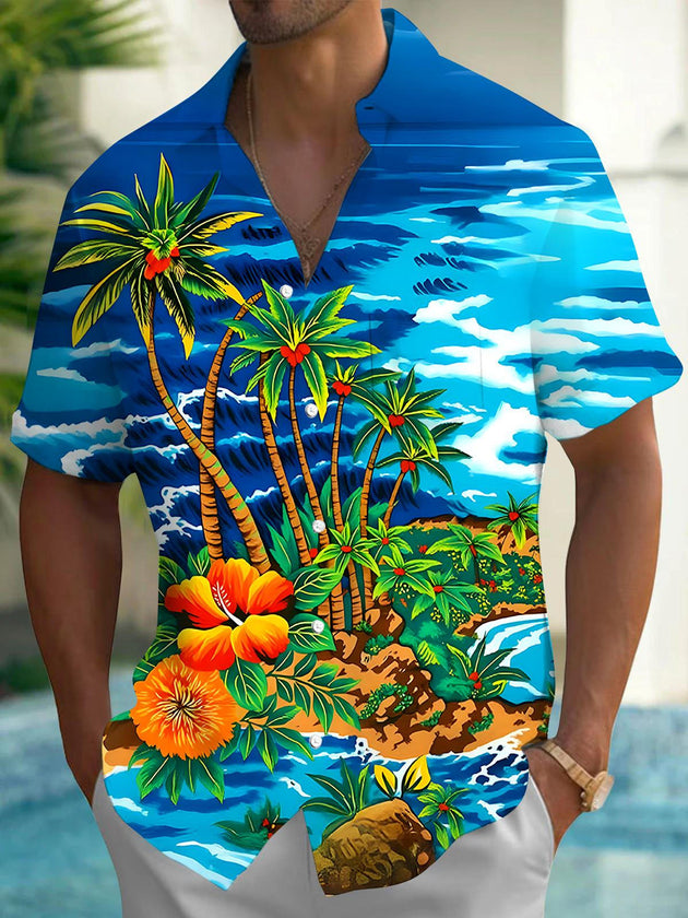 Men's Hawaiian coconut tree floral short sleeve shirt front view for tropical beach vacation
