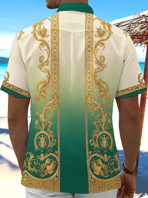 Green Gold Gradient Baroque Pattern Men's Pocket Short Sleeve Shirts
