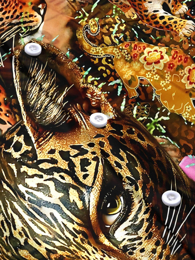 Men's leopard print short sleeve shirt flat lay pattern detail