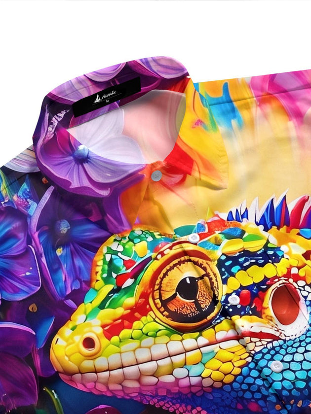 Colorful Chameleon Flower Men's Pocket Short Sleeve Shirts
