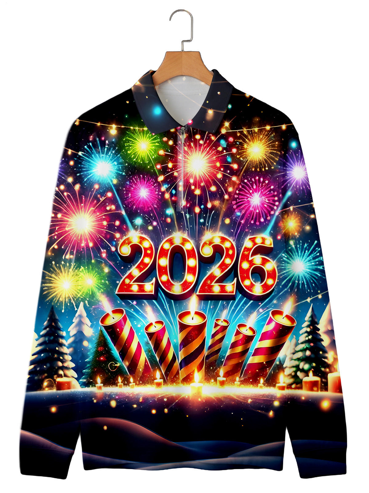 2026 New Year Firework Men's Long Sleeve Zipper Polo