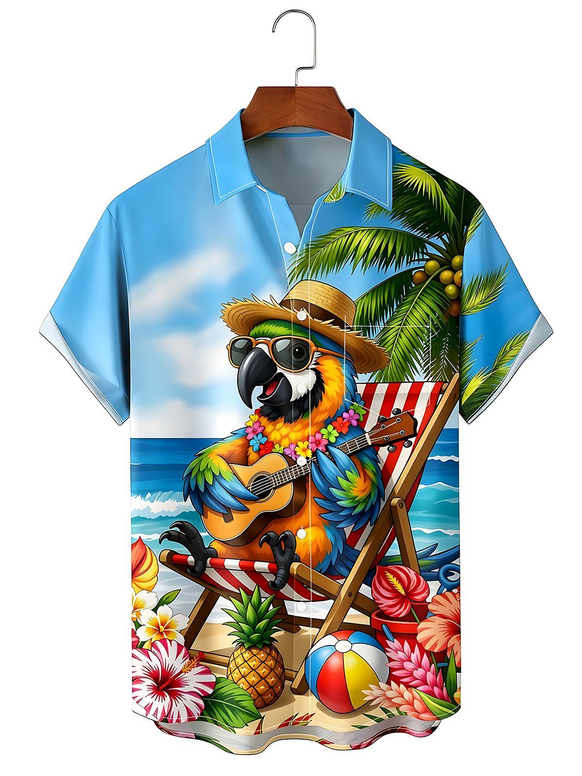 Hawaiian Coconut Tree Parrot Guitar Men's Pocket Short Sleeve Shirts