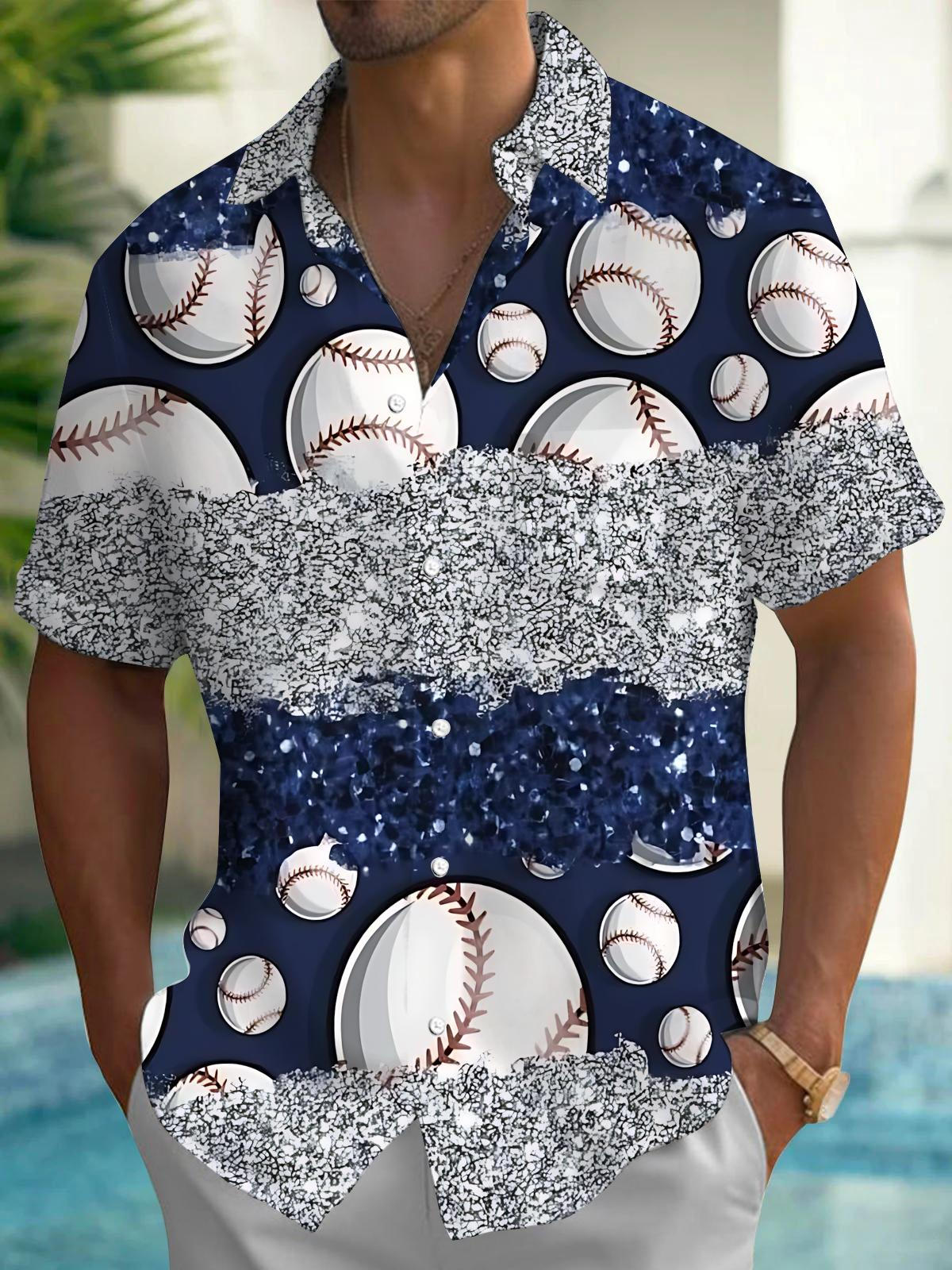 Baseball Print Men's Pocket Short Sleeve Shirts