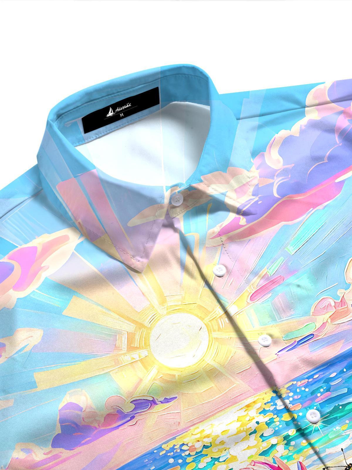 Art Seaside Sunset Peony And Butterfly Women's Short Sleeve Shirts