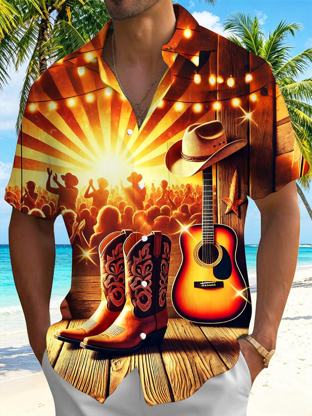 Western Cowboy Guitar Country Music Men's Pocket Short Sleeve Shirts