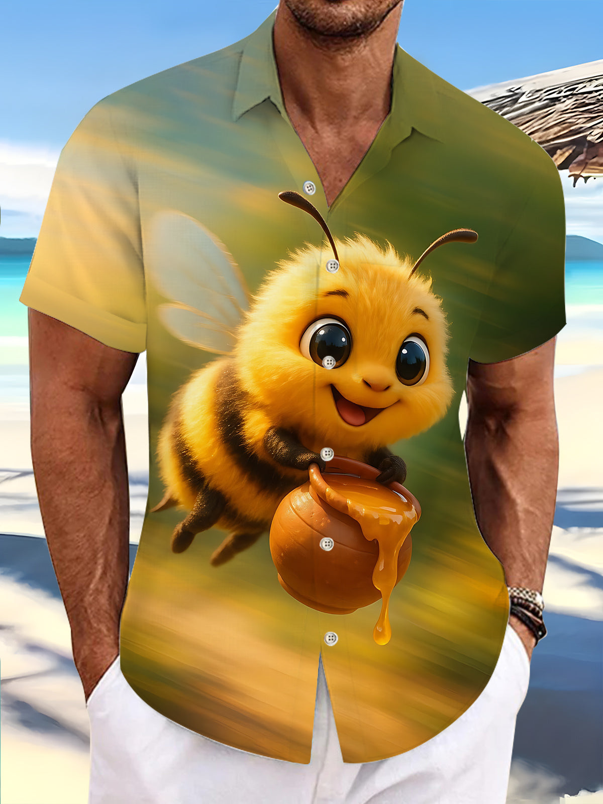 Bee Print Men's Pocket Short Sleeve Shirts