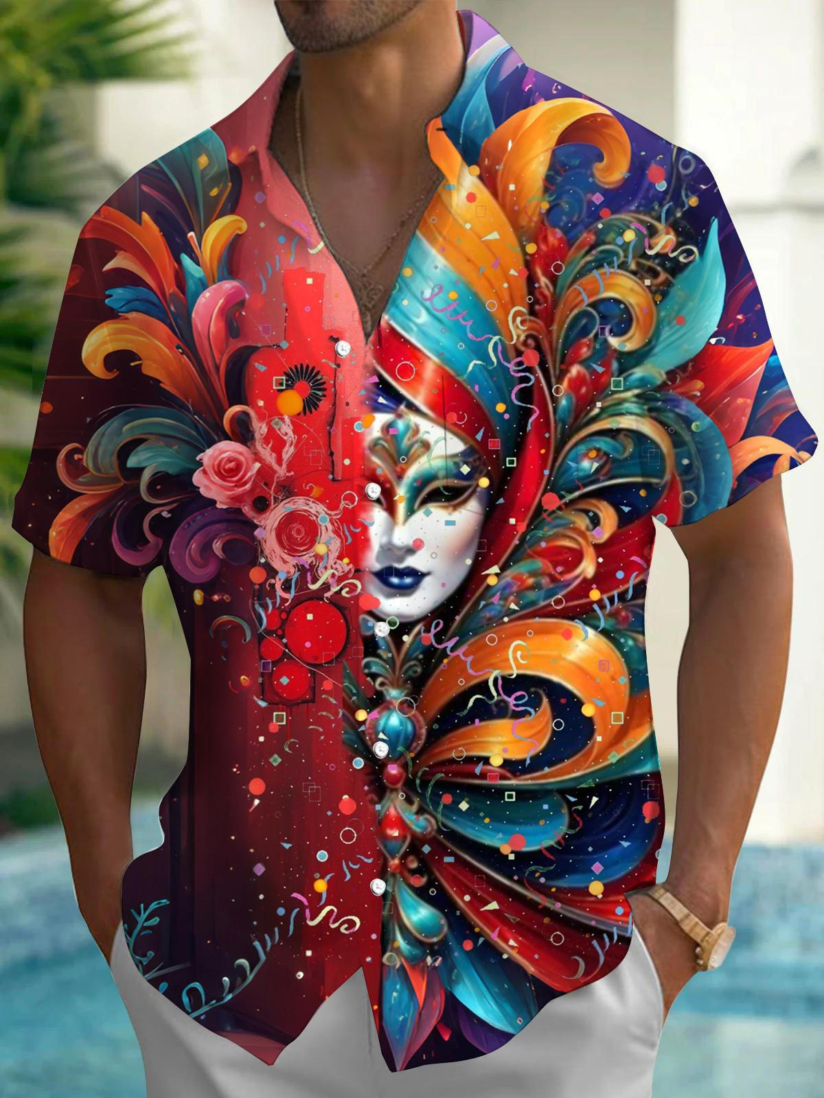 Carnival Mask Print Men's Pocket Short Sleeve Shirts