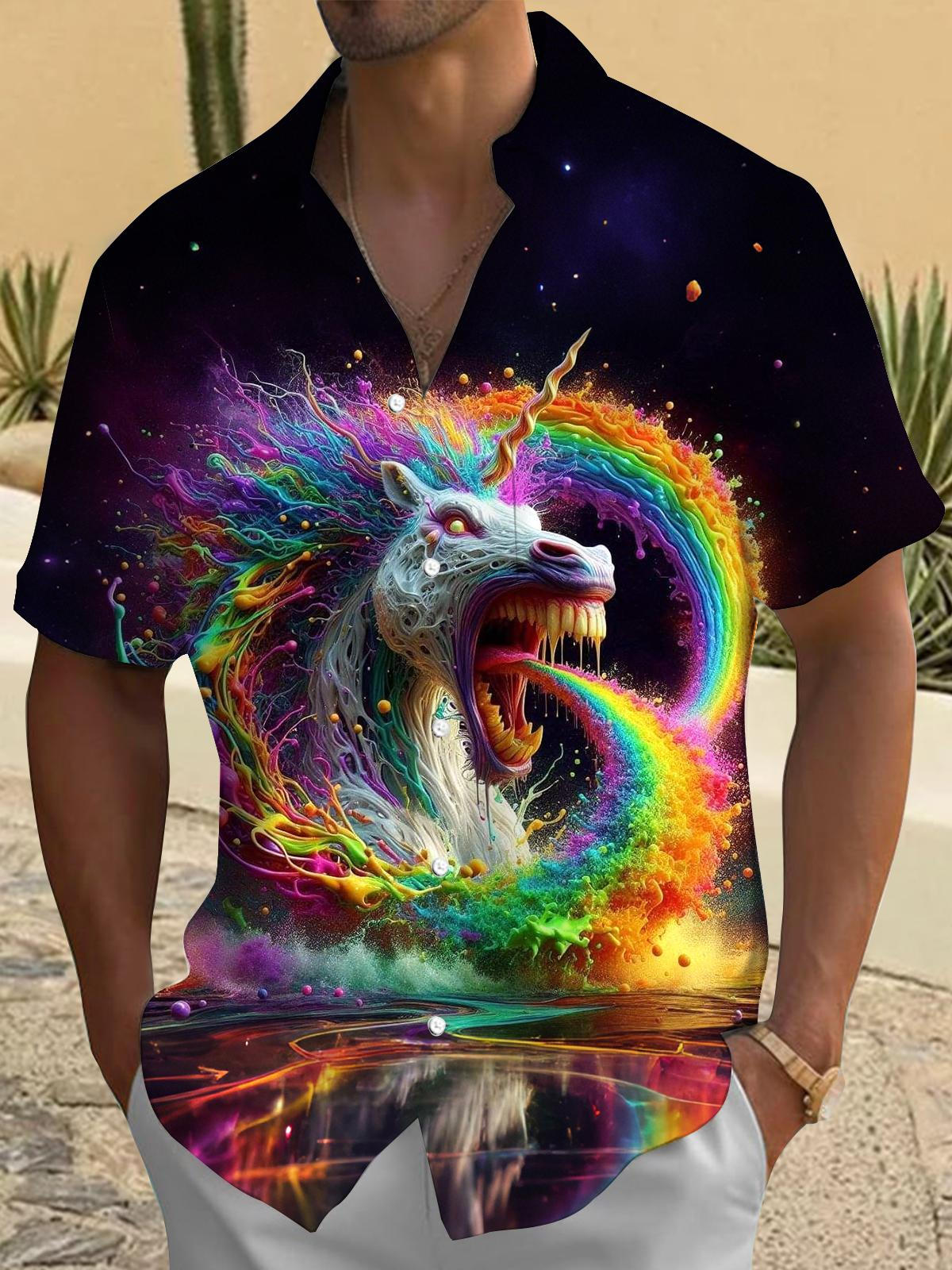 Unicorn Print Men's Pocket Short Sleeve Shirts